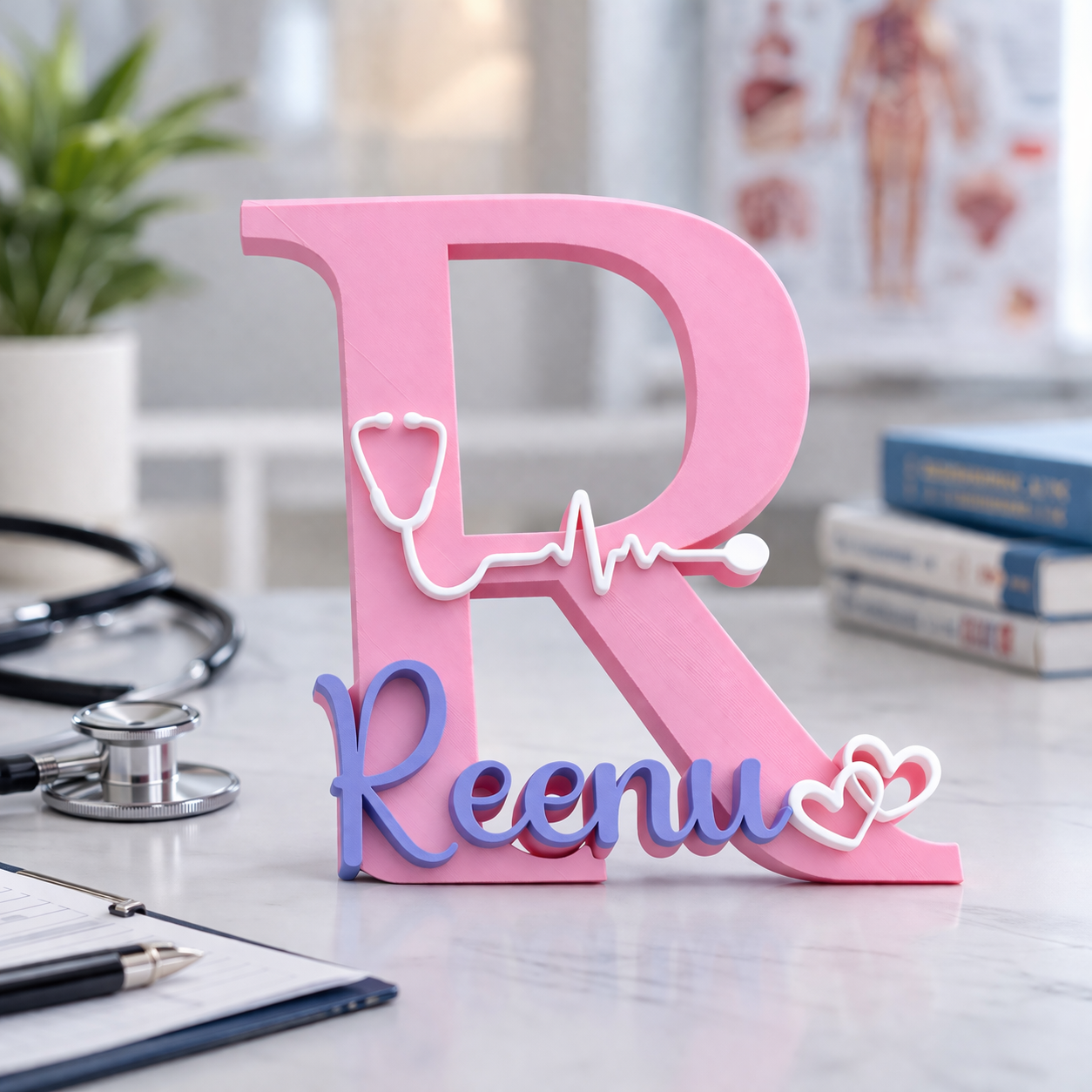 Personalized Doctor Name Initial Showpiece with Stethoscope
