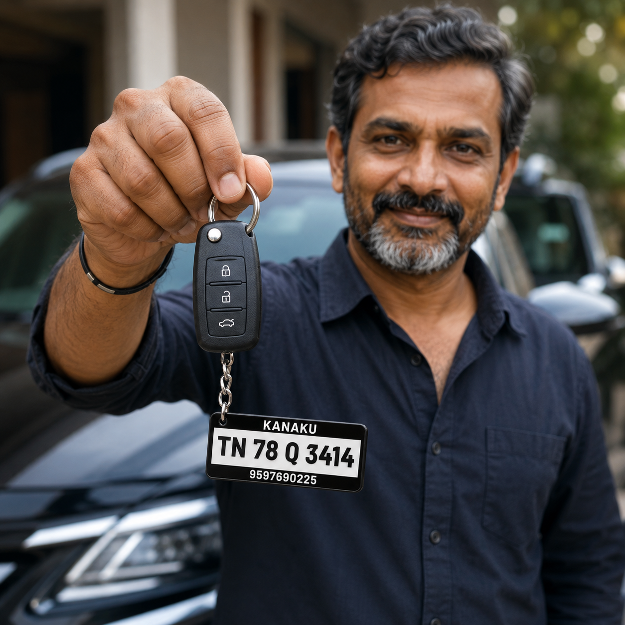 Personalized  Vehicle Number Plate Keychain with Name & Contact Number